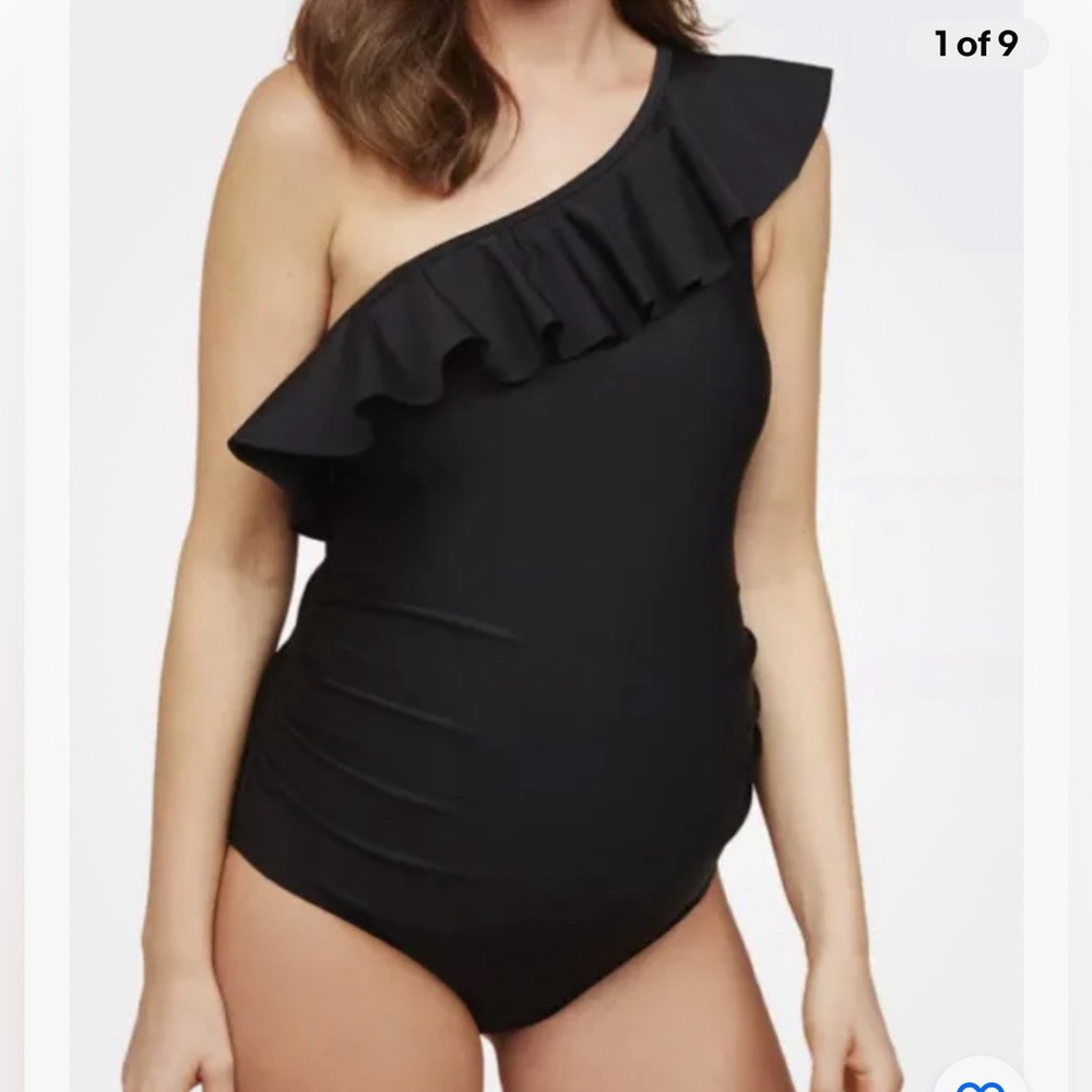 Motherhood Maternity Beach Bump Ruffle one Shoulder UPF 50+ Swimsuit Size Medium